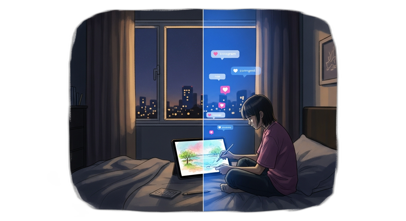 Illustration of a student in Singapore drawing on an iPad in a bedroom near Marina Bay Sands, with Instagram-style comments and emoji floating over the canvas on the right half of the image