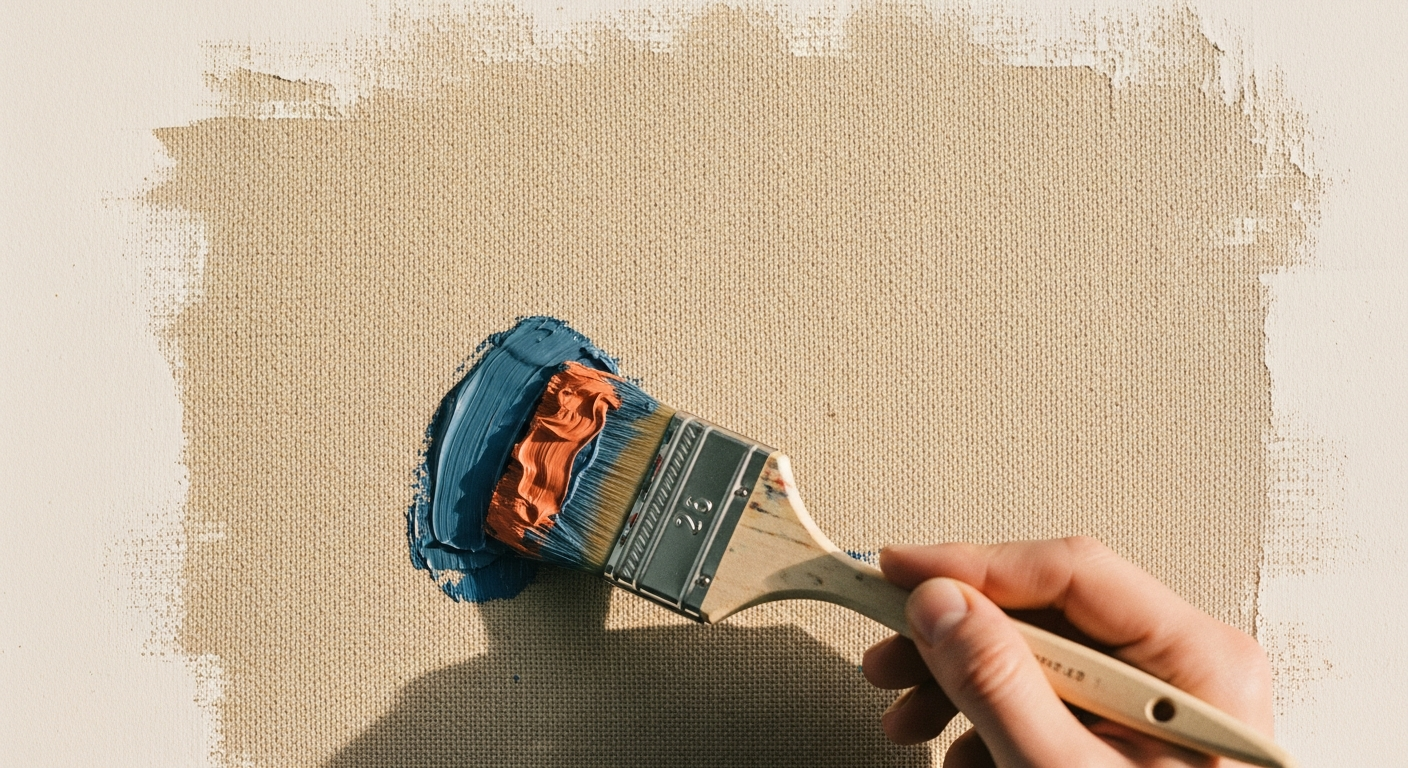 Close-up of a hand mid-brushstroke applying slate-blue and terracotta oil paint to raw linen canvas