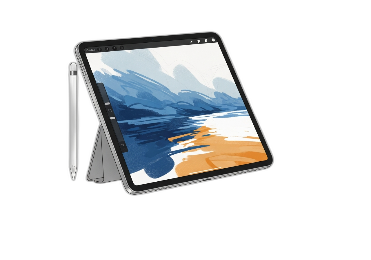 Editorial illustration of a tablet on a kickstand displaying an abstract slate-and-orange digital painting, with a stylus resting beside it