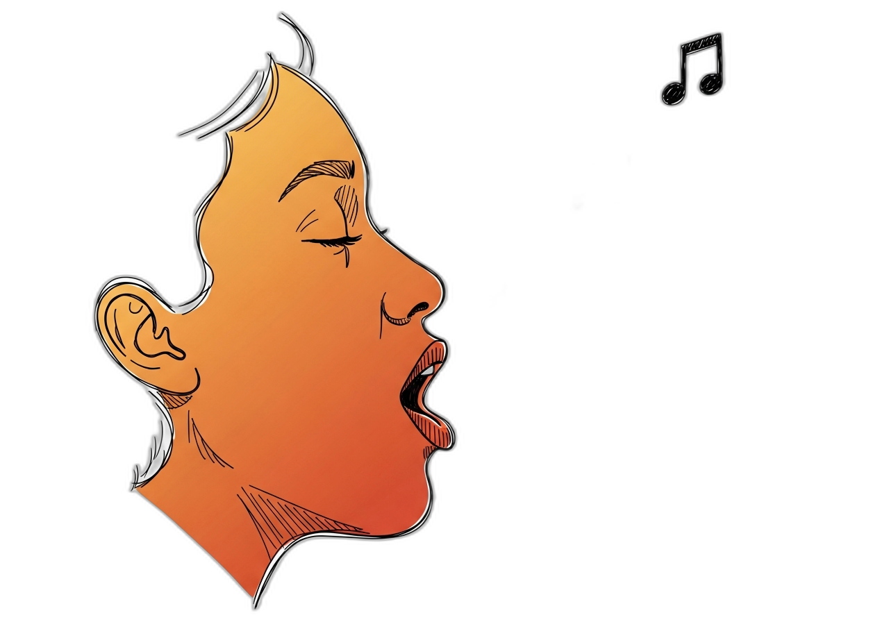 Editorial illustration of a person mid-song, head tilted upward, with a small musical note floating above